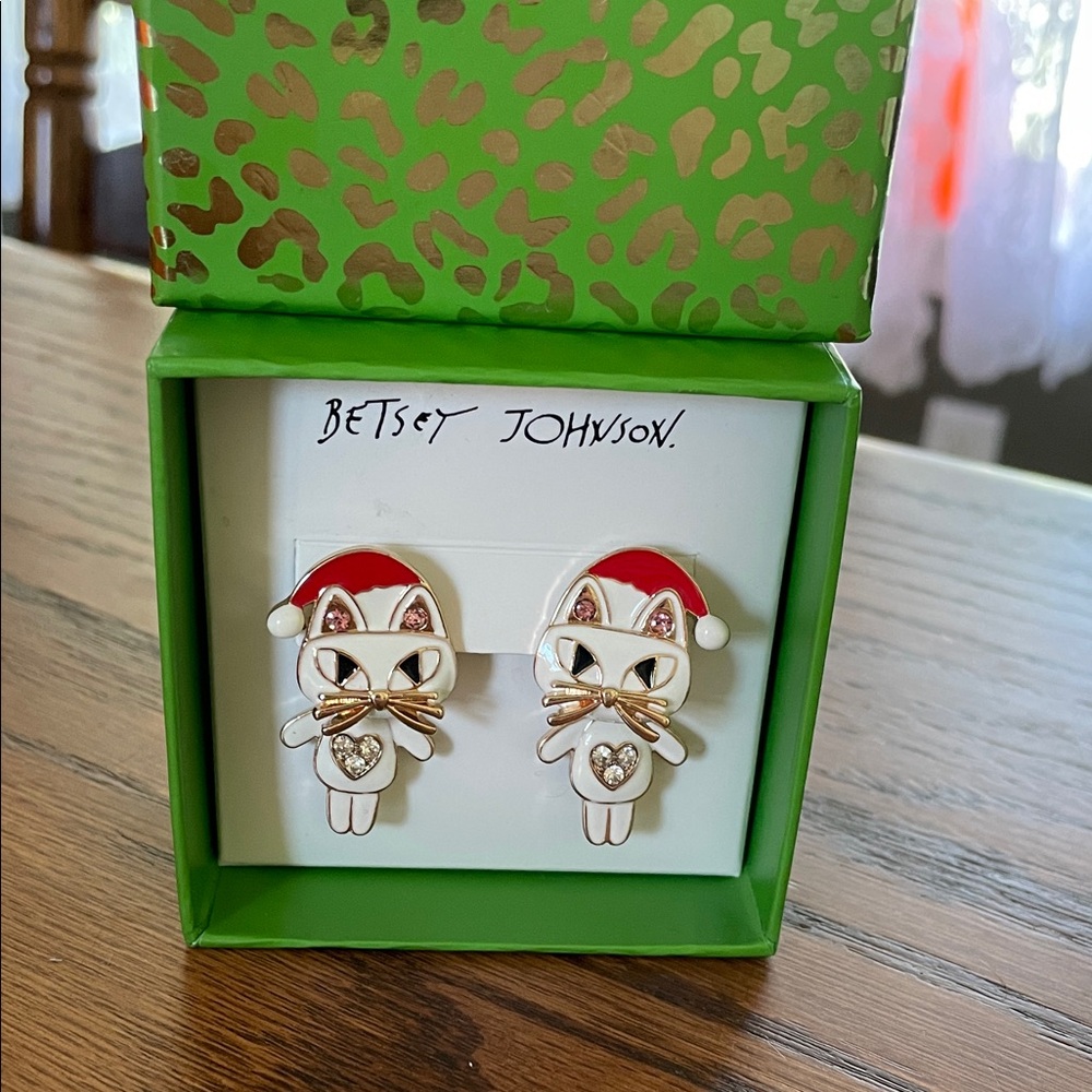 Betsey Johnson Festive Cat Earrings in Red and Gold